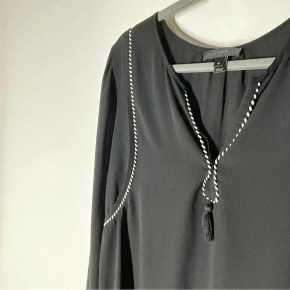 J. Crew Tassel Trim Black Split V-neck Blouse Size 4 - Picture 8 of 10